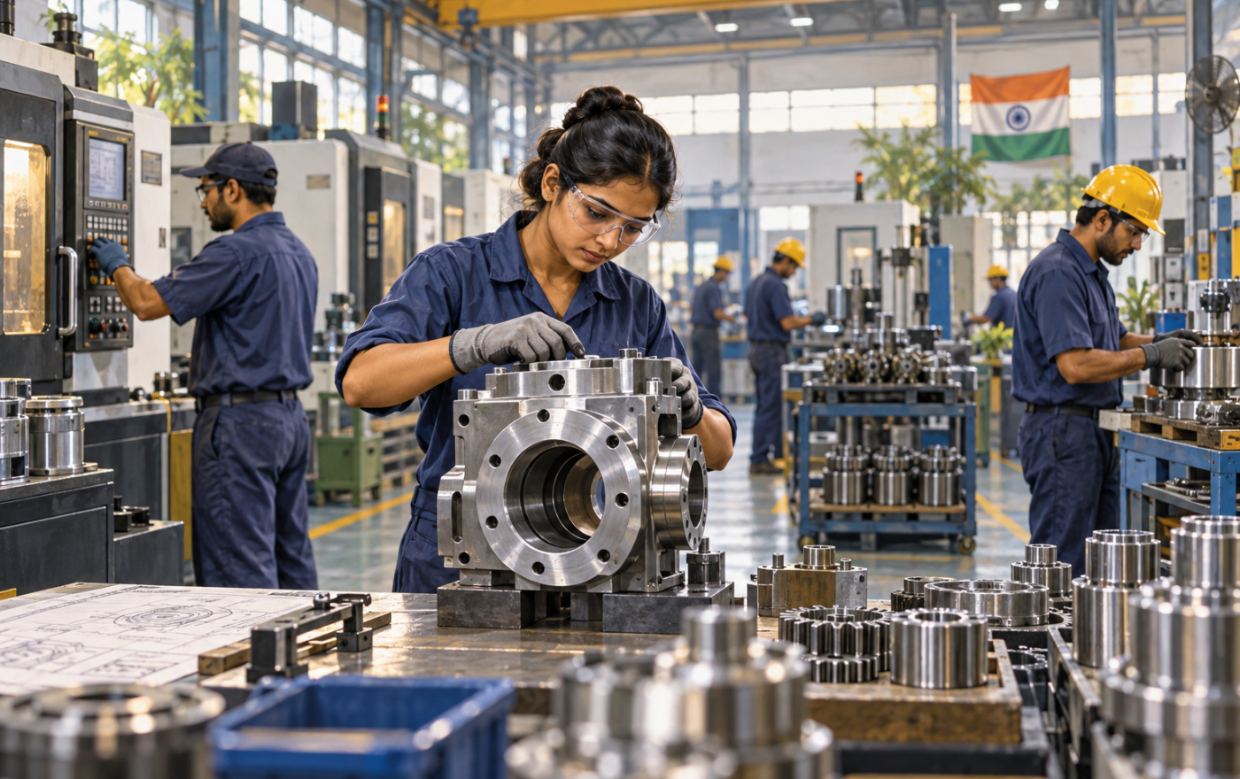 Workers and machine tools illustrate domestic manufacturing capacity.