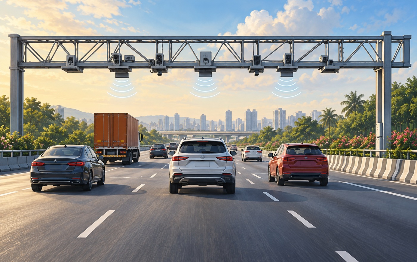 A highway toll gantry illustrates electronic tolling without barriers.